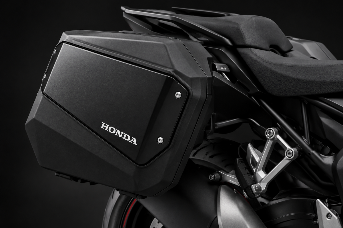 Honda CB1000GT pannier case with Honda logo, mounted on the bike